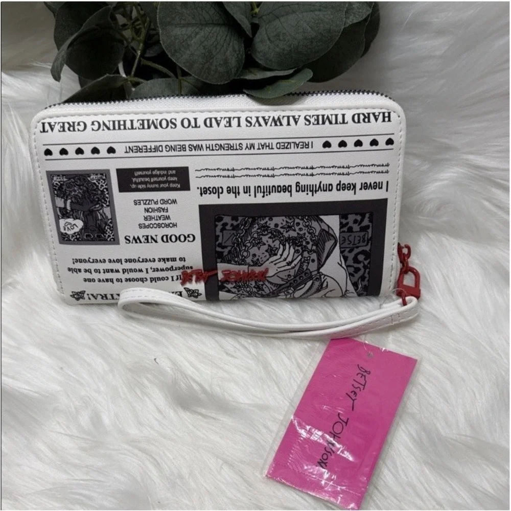 Betsey Johnson Times Newspaper Print Zip Around Wallet Wristlet NWT Novelty Y2K